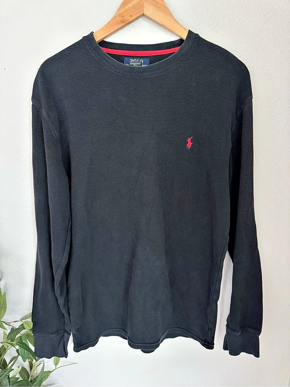 Polo Ralph Lauren Black Waffle Knit Thermal Shirt Men's L Red Pony Preppy